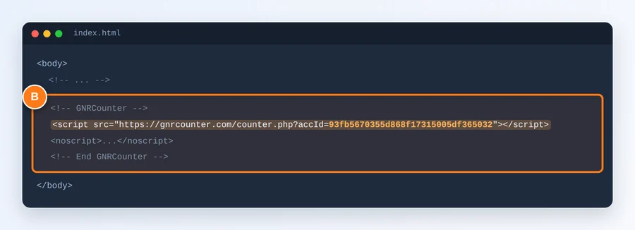 Den markerade räknarkoden i HTML-koden på en webbplats
