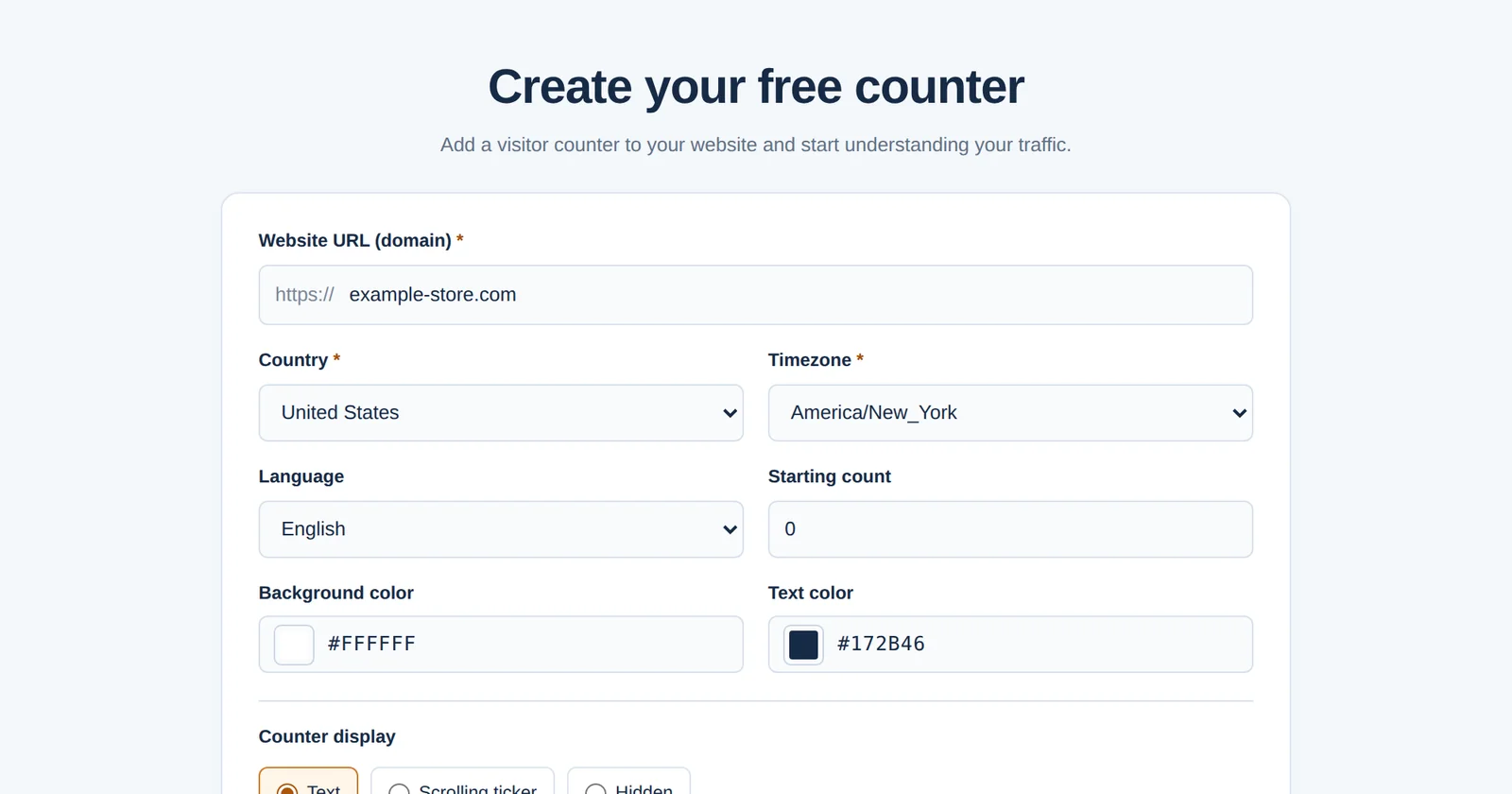 GNRCounters formulär för att skapa en gratis räknare med webbplats, land, tidszon, språk och visningsinställningar