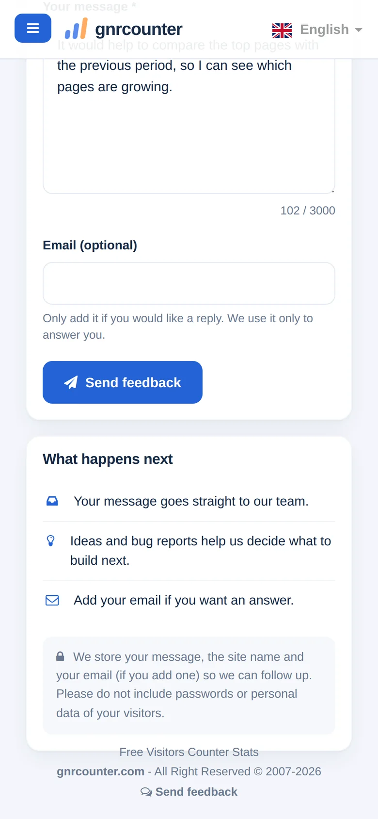 Sidan Feedback på en mobil, rullad ner till e-postfältet och skicka-knappen