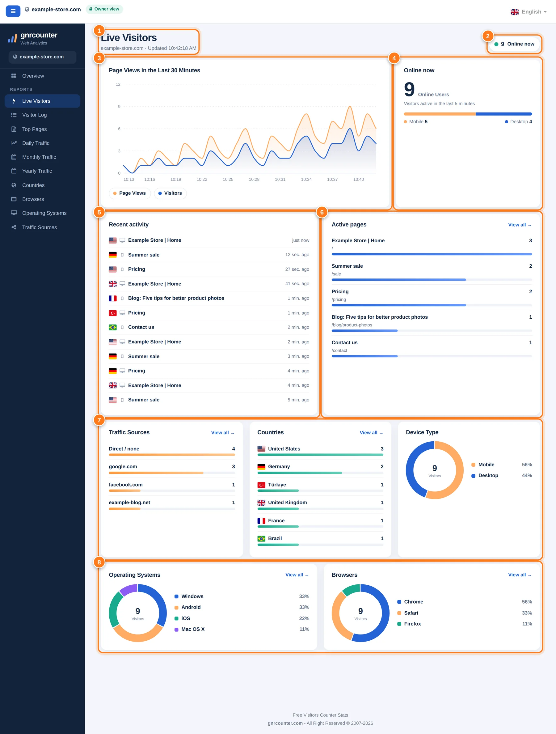 Sidan Live-besökare med åtta numrerade områden: rubrik, märket Online nu, sidvisningsdiagram för de senaste 30 minuterna, kortet Online nu, senaste aktivitet, aktiva sidor, källor, länder och enhetstyp samt operativsystem och webbläsare