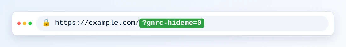 Ett webbläsarfält för adress som visar https://example.com/ följt av markerat ?gnrc-hideme=0